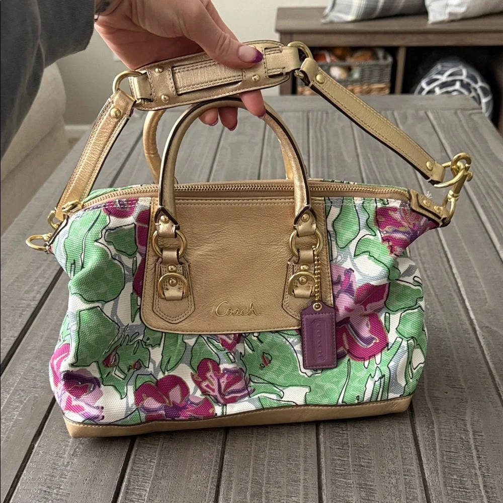 Coach Green, Purple and Gold Floral Satchel - Picture 2 of 6